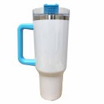 40oz White Blue Trims Sublimation Tumbler Right Stainless Rim